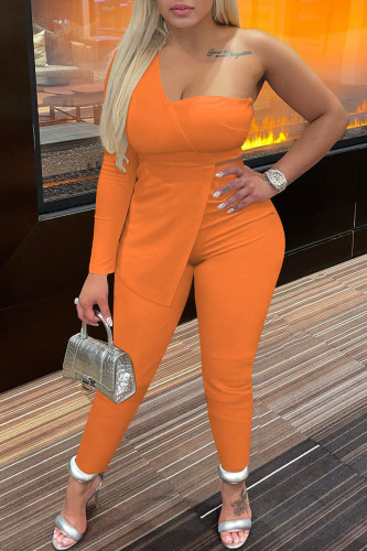 Orange Sexy Casual Solid Patchwork Backless Asymmetrical One Shoulder Long Sleeve Two Pieces