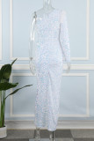 White Sexy Formal Patchwork Sequins Backless Slit Oblique Collar Evening Dress