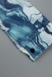 Colarinho azul marinho estampado casual patchwork manga longa duas peças