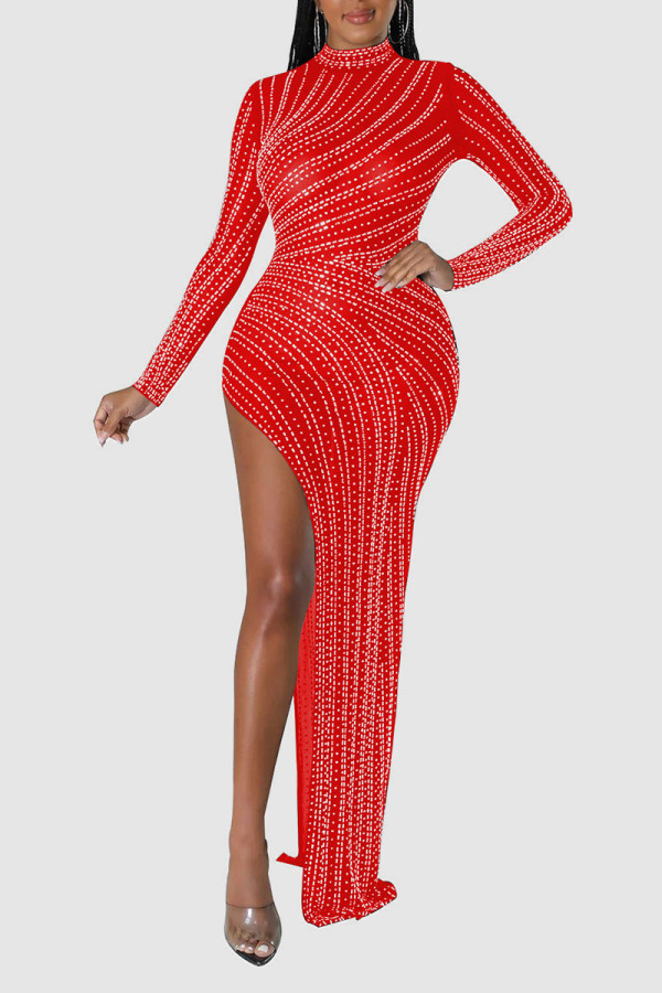 赤いセクシーな固体パッチワーク スリット ホット ドリル半分タートルネック イブニング ドレス ドレス