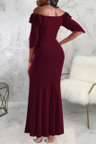Rose Red Sexy Solid Patchwork Slit Off the Shoulder Straight Dresses