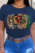 Navy Blue Casual Vintage Print Patchwork Letter O Neck T-Shirts