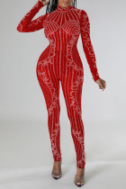 Red Sexy Solid Patchwork Hot Drill Half A Turtleneck Skinny Jumpsuits