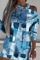 Vestidos de manga comprida azul estampado casual vazado patchwork oco
