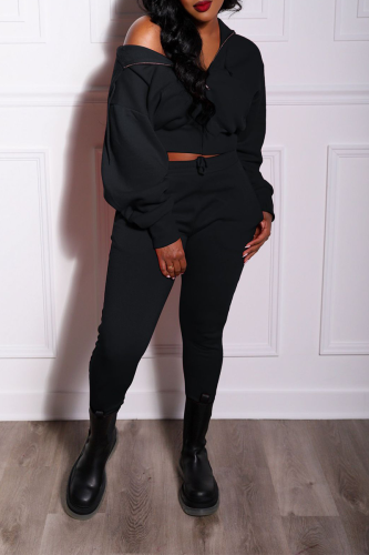 Black Street Solid Patchwork Hooded Collar Long Sleeve Two Pieces