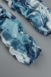 Colarinho azul marinho estampado casual patchwork manga longa duas peças