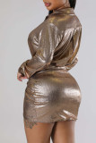 ゴールド セクシー ソリッド パッチワーク 非対称 ターンダウン カラー ペンシル スカート ドレス