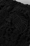 Negro sexy patchwork encaje cuello pico manga larga dos piezas