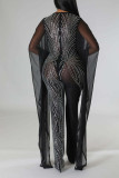 Black Sexy Solid Patchwork See-through Hot Drill V Neck Straight Jumpsuits