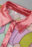 ピンクカジュアルプリントパッチワークバックルターンダウンカラー長袖ツーピース