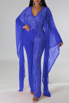Blue Sexy Solid Patchwork See-through Hot Drill V Neck Straight Jumpsuits