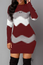 Burgundy Casual Print Patchwork O Neck Long Sleeve Dresses