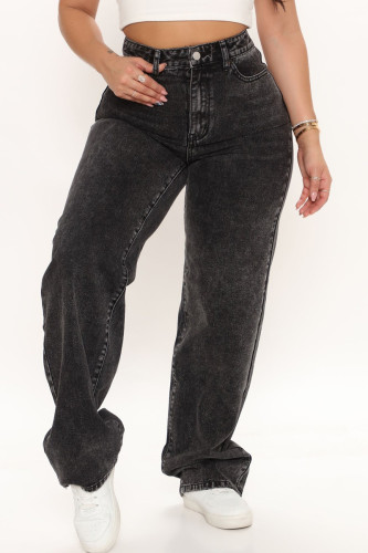 Black Casual Solid Patchwork High Waist Regular Wide Leg Denim Jeans