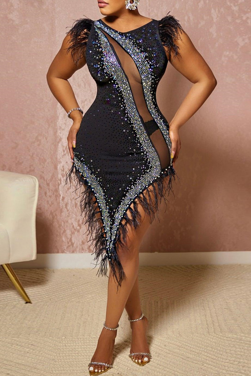 

Black Sexy Patchwork Hot Drilling See-through Feathers O Neck Irregular Dress Dresses