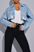 Baby Blue Casual Solid Ripped Patchwork Cardigan Turndown Collar Long Sleeve Regular Cropped Denim Jacket