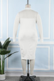White Casual Solid Patchwork Zipper V Neck Long Sleeve Plus Size Dresses