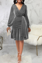 シルバー カジュアル ソリッド 包帯 V ネック ウエスト スカート ドレス