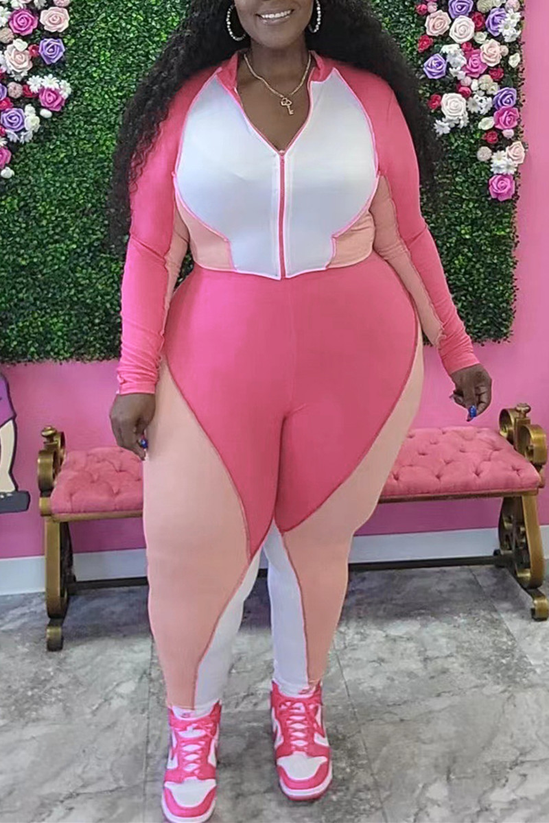 

Pink Casual Patchwork Contrast Zipper Collar Plus Size Two Pieces