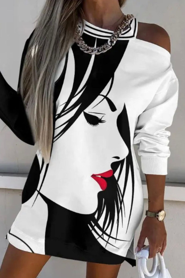 Vestidos de manga comprida estampado casual preto e branco vazado patchwork oco