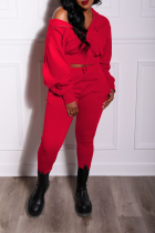Red Street Solid Patchwork Hooded Collar Long Sleeve Two Pieces
