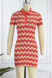 Red Sexy Casual Print Patchwork Turndown Collar Short Sleeve Dress