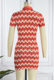 Red Sexy Casual Print Patchwork Turndown Collar Short Sleeve Dress