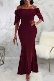 Rose Red Sexy Solid Patchwork Slit Off the Shoulder Straight Dresses