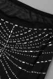Negro sexy patchwork perforación en caliente transparente medio cuello alto manga larga dos piezas