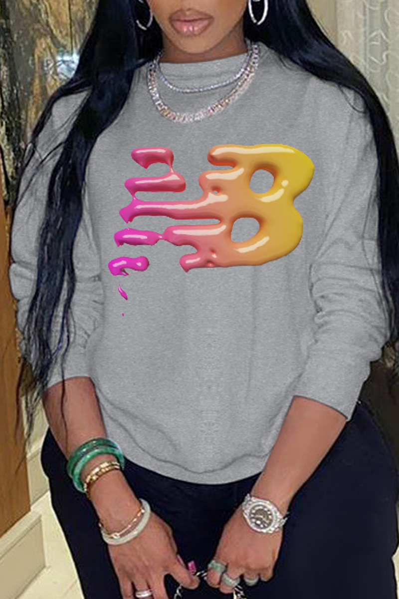 

Grey Casual Sportswear Print Patchwork O Neck Tops