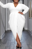 Weißes, lässiges, solides Patchwork-Falten-V-Ausschnitt, unregelmäßiges Kleid, Kleider in Übergröße