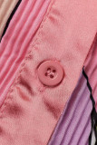 ピンクカジュアルプリントパッチワークバックルターンダウンカラー長袖ツーピース