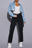 Veste en jean bleu clair décontracté solide patchwork déchiré col rabattu manches longues régulière