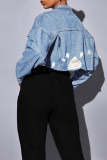 Голубой повседневный однотонный рваный лоскутный кардиган с отложным воротником и длинным рукавом, обычная джинсовая куртка