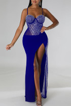 Blu sexy patchwork solido che borda i vestiti dal vestito dall'imbracatura della cinghia di spaghetti del trapano caldo