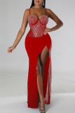 Vestido de tirantes de espagueti de taladro caliente con abalorios de retazos sólidos sexy rojo Vestidos