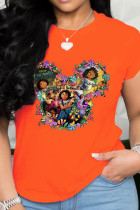 Orange Party Cute Character Patchwork O Neck T-Shirts