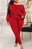 Rouge Casual Solid Patchwork O Neck Plus Size Two Pieces