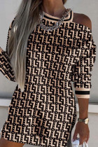 Khaki Casual Print Hollowed Out Patchwork O Neck Long Sleeve Dresses
