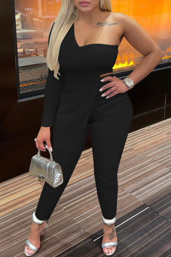 Black Sexy Casual Solid Patchwork Backless Asymmetrical One Shoulder Long Sleeve Two Pieces