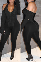 Noir Sexy Solide Casual Patchwork Dos Nu Asymétrique Halter Manches Longues Deux Pièces