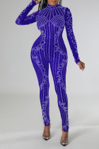 Blue Sexy Solid Patchwork Hot Drill Half A Turtleneck Skinny Jumpsuits