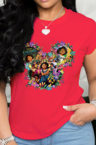 T-shirts à col rond en patchwork de personnages mignons Red Party