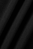 Macacão preto moda casual patchwork transparente com decote em V