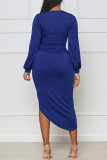 Blue Casual Solid Patchwork Fold V Neck Long Sleeve Dresses