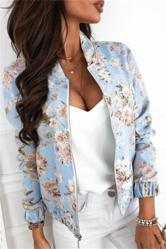 Sky Blue Casual Print Patchwork Cardigan Outerwear
