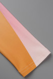Moda esportiva casual laranja estampa patchwork gola manga longa duas peças