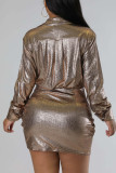 Goud sexy effen patchwork asymmetrische turndown kraag kokerrok jurken