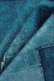 Blauwe Casual Print Patchwork V-hals Jurken met Lange Mouwen