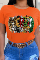Camisetas con cuello en O de patchwork con estampado vintage casual naranja