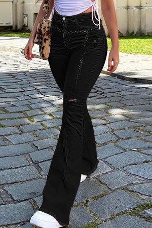 Black Casual Solid Ripped Patchwork High Waist Boot Cut Denim Jeans